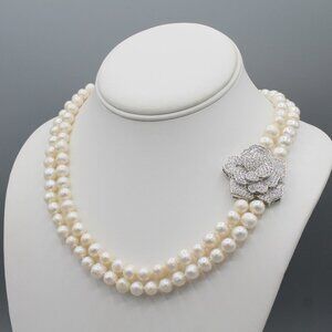Jewelry necklace pearl white freshwater string rose flower elegant sparkly new